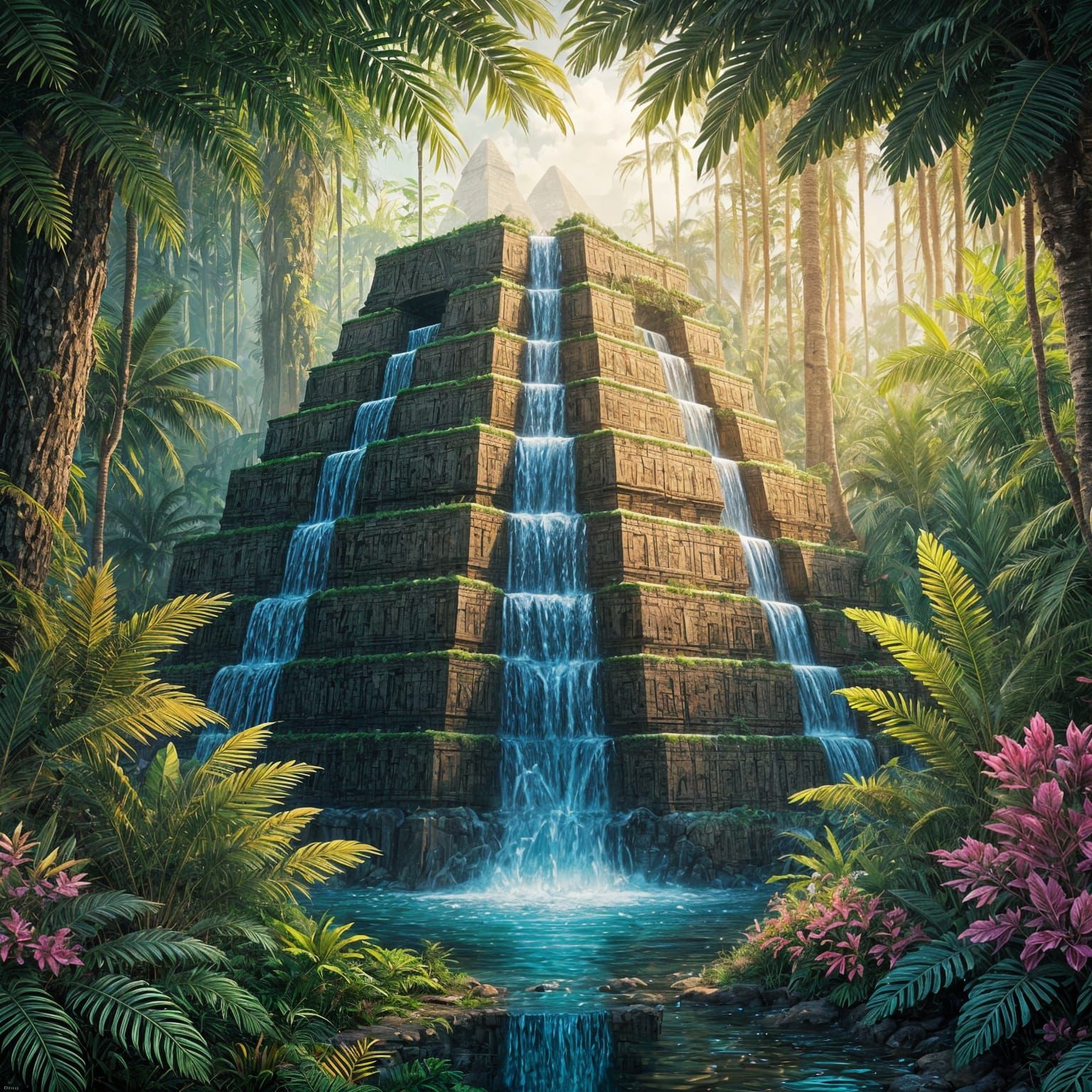 Jungle Pyramid with Flowing Water in Acrylic Style