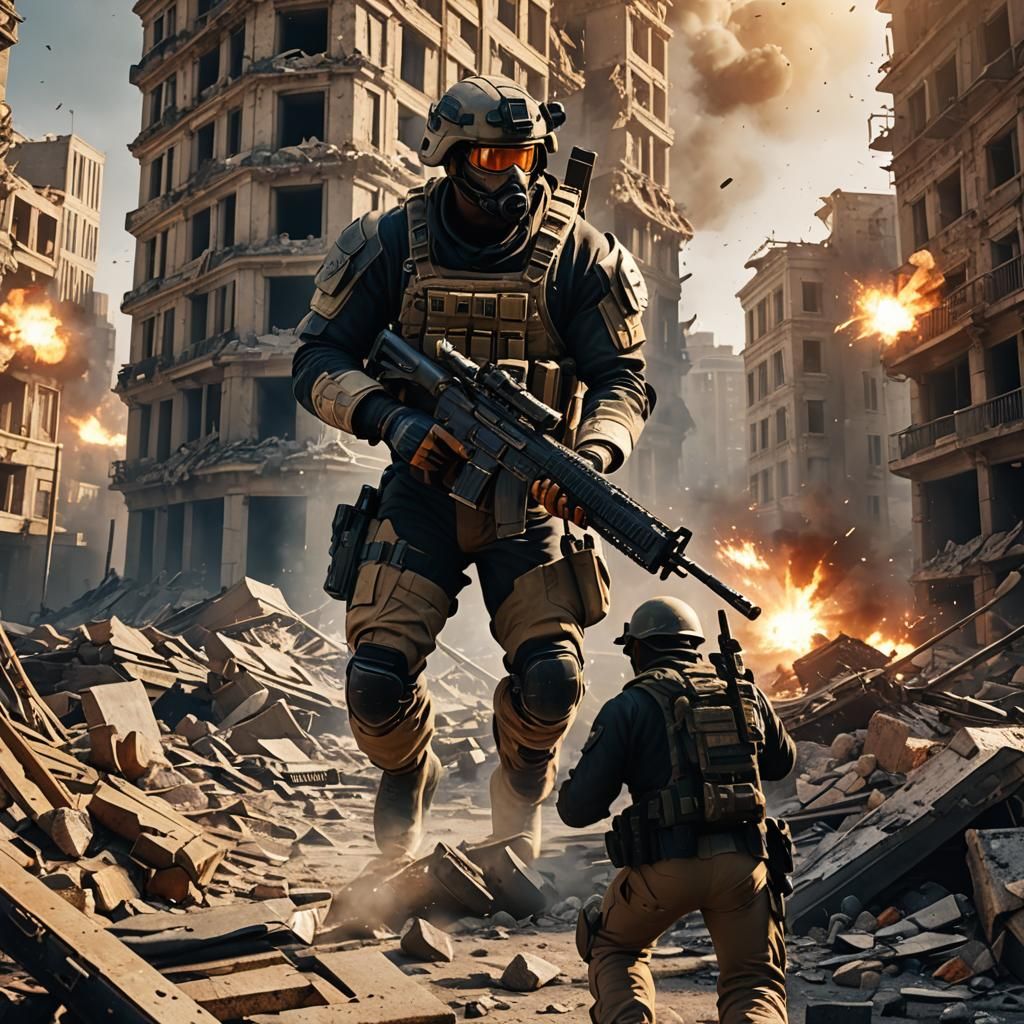 Soldier in Ruined Cityscape Amidst Explosion
