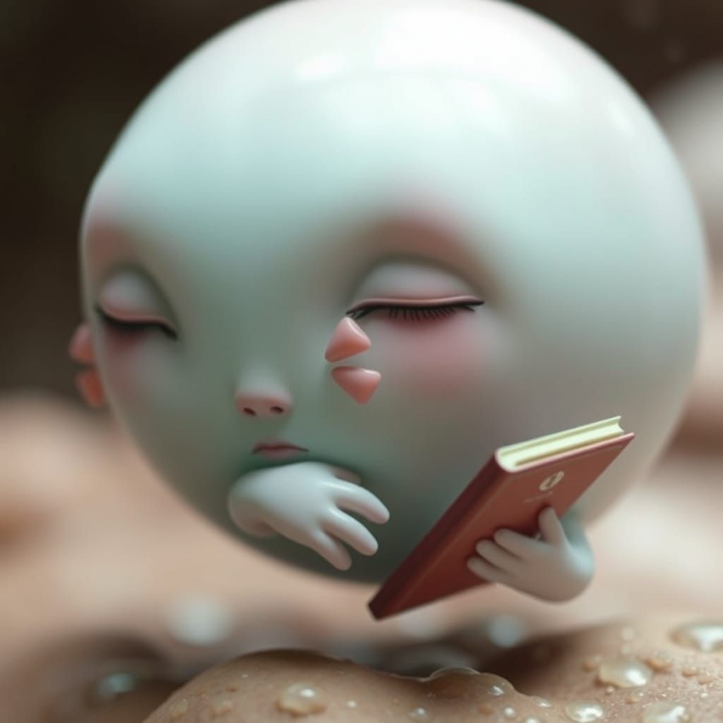 Whimsical Soft Pink Alien Girl Floats Through Rainy Day