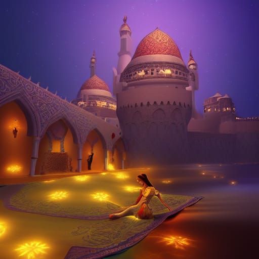 Epic Arabian Nights Scene with Flying Carpets