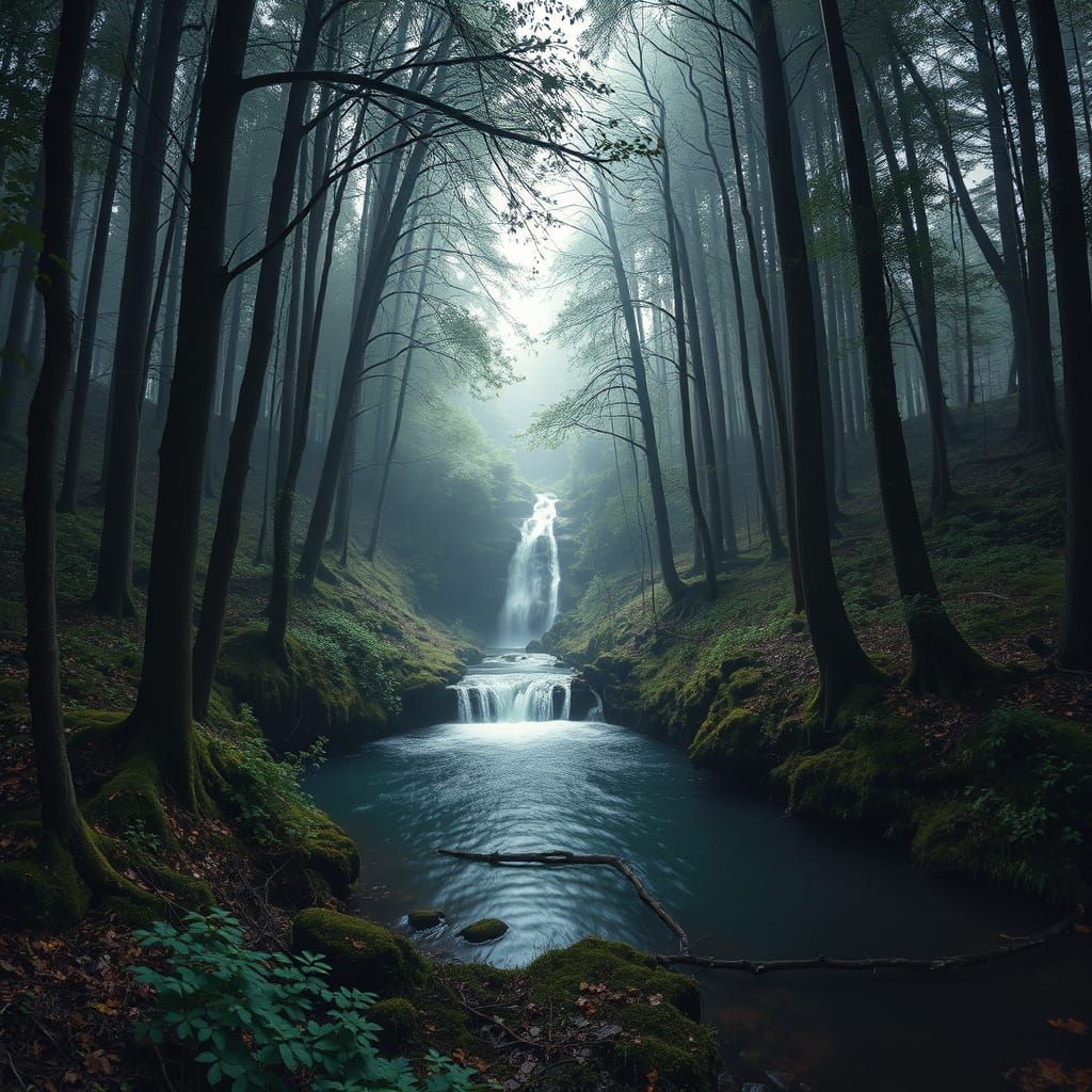 Mystical Forest Waterfall Panorama in Hyperrealistic Detail