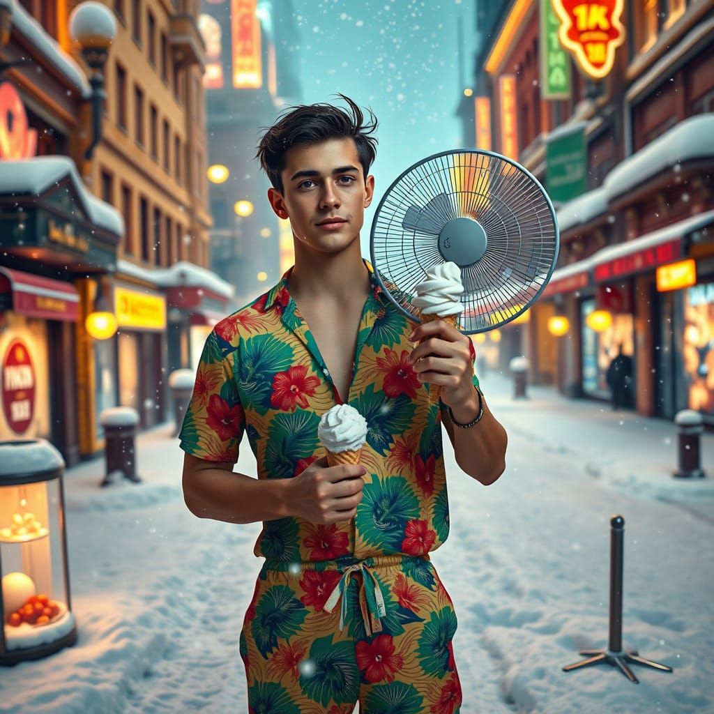 Vibrant Youth in Winter Wonderland with Retro Fan and Ice Cr...
