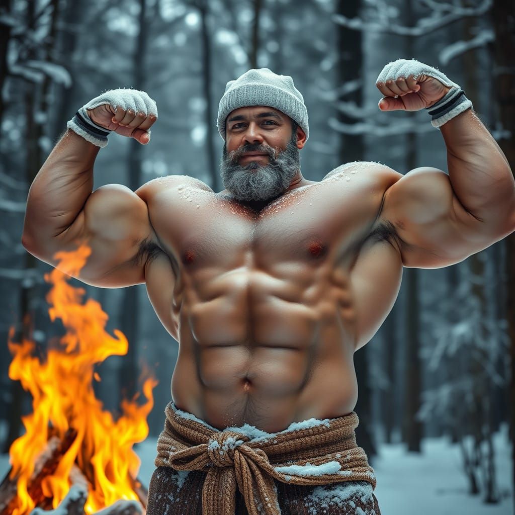 Hyper-Muscular Bodybuilder Defies Winter Chill