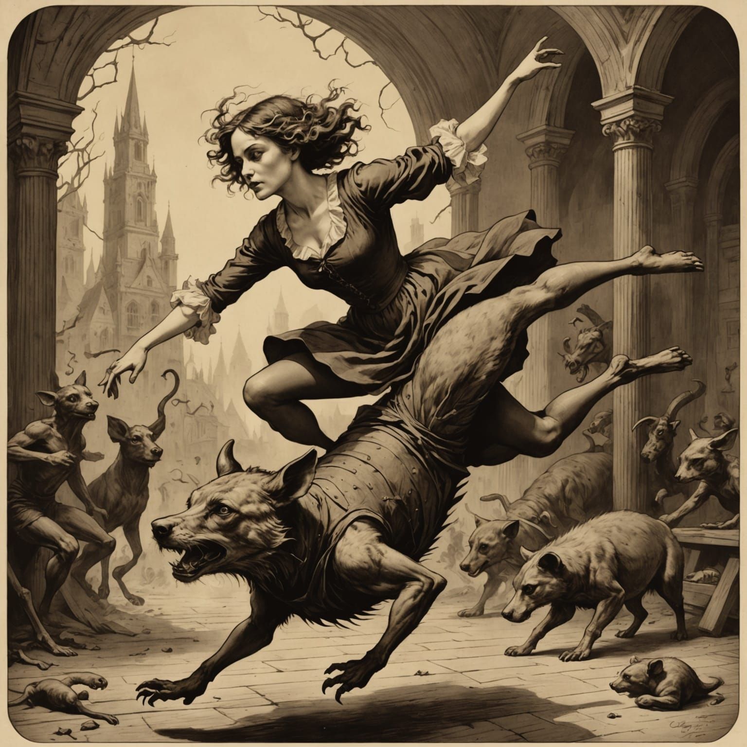 Contortionist Dancing with Animal in Sepia Horror Style