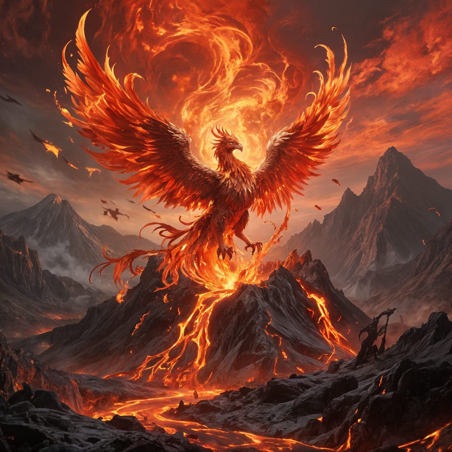 Phoenix Rising from Volcanic Ashes in Fantasy Art Style