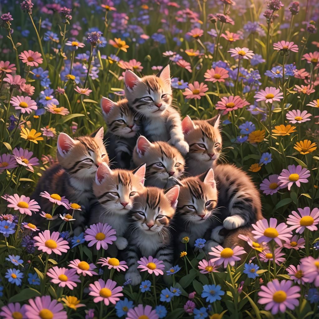 Sleeping Kittens in Wildflowers: 3D Digital Art
