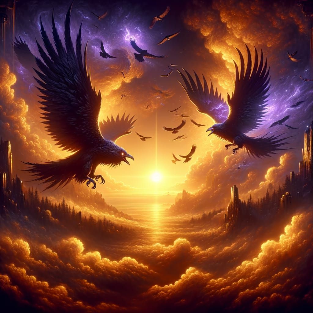 Hugin and Munin Soar in Dark Fantasy Dawn Sky
