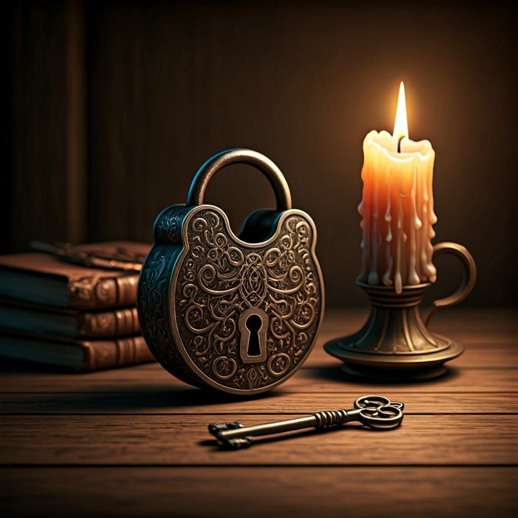 Ornate Skeleton Key and Lock in Dark Style