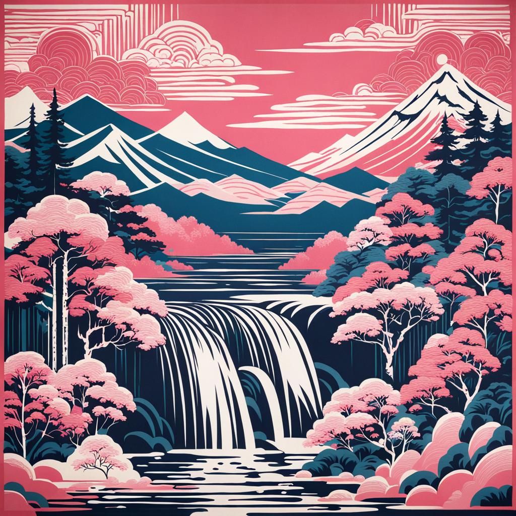 Pink Waterfall Scene Inspired by Hokusai
