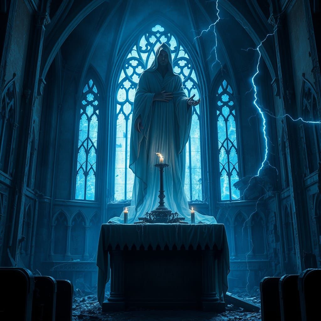 Ethereal Entity in Haunted Church Amidst Winter Storm