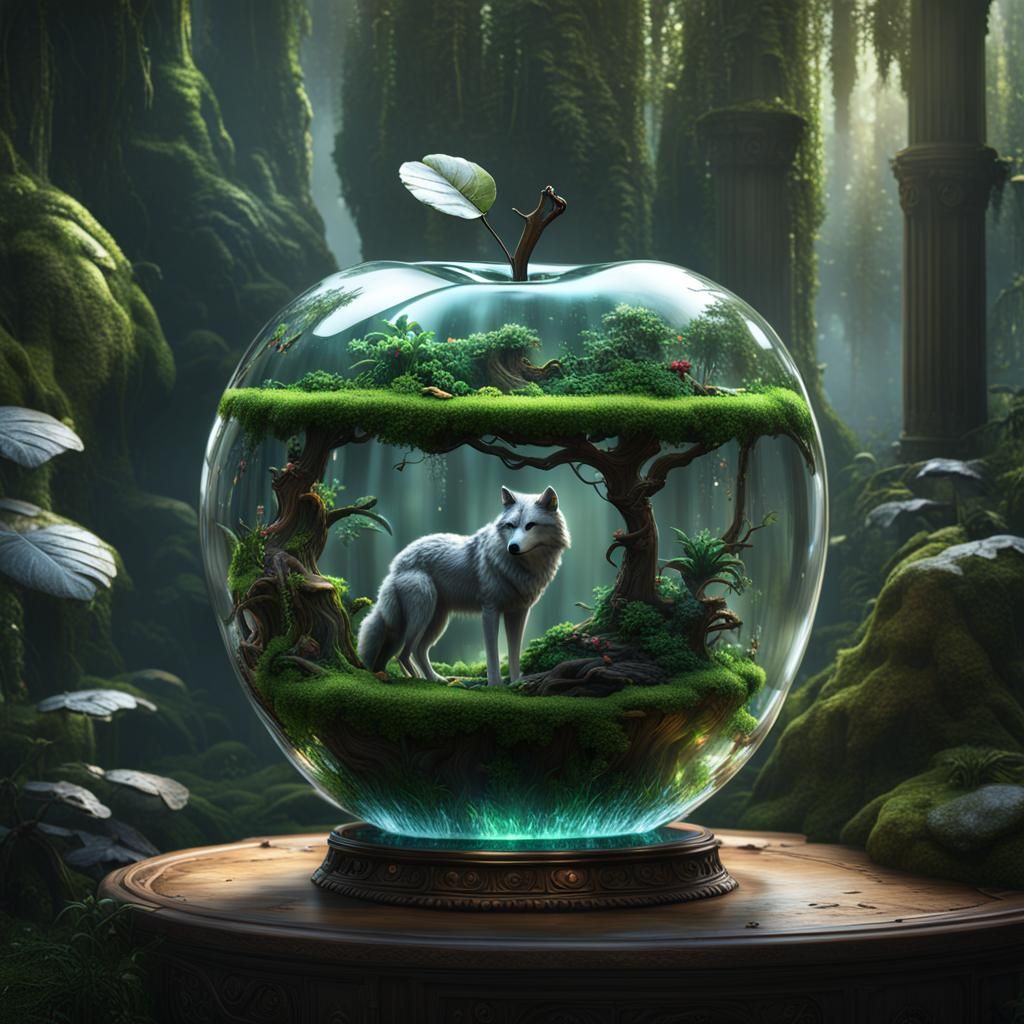 Rainforest Ecosystem Inside Glass Apple, Detailed Digital Ar...