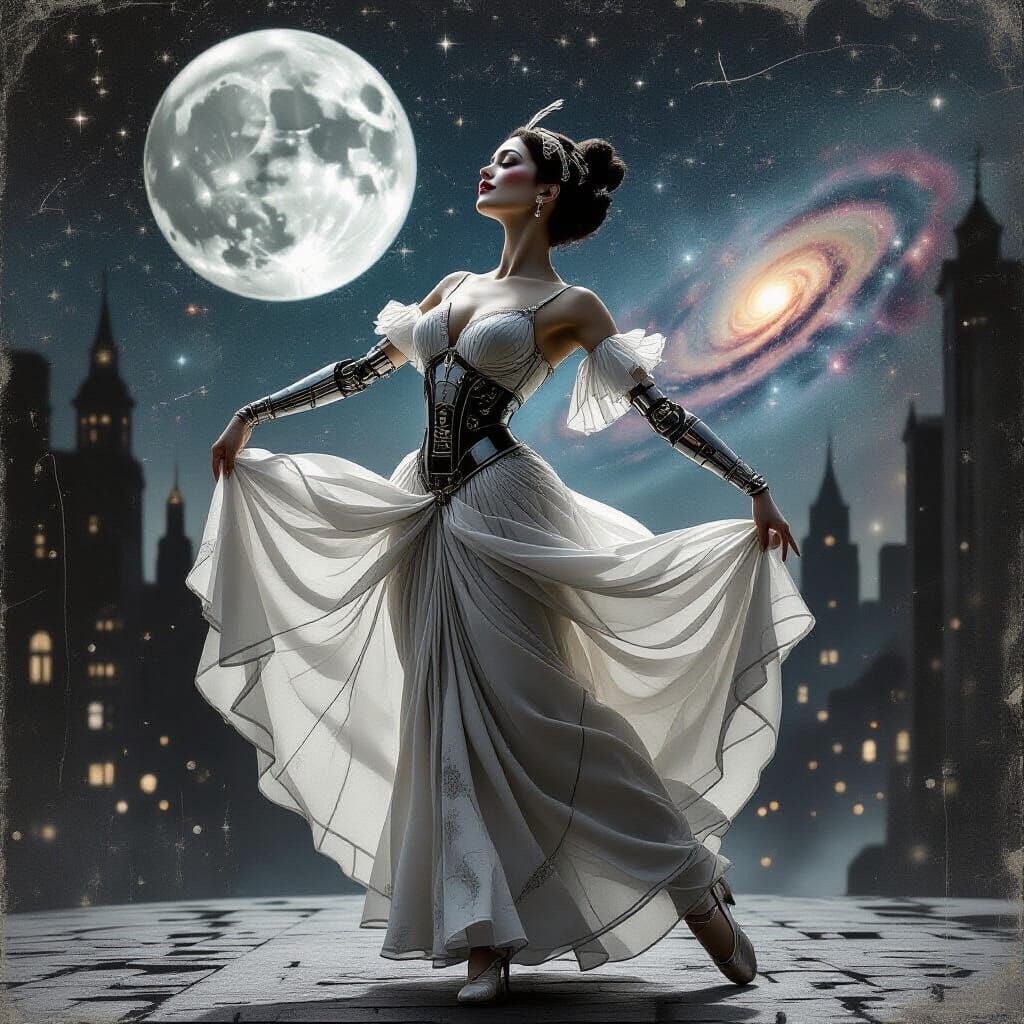 Robot Dancer in Metropolis: Gritty Sci-Fi Art