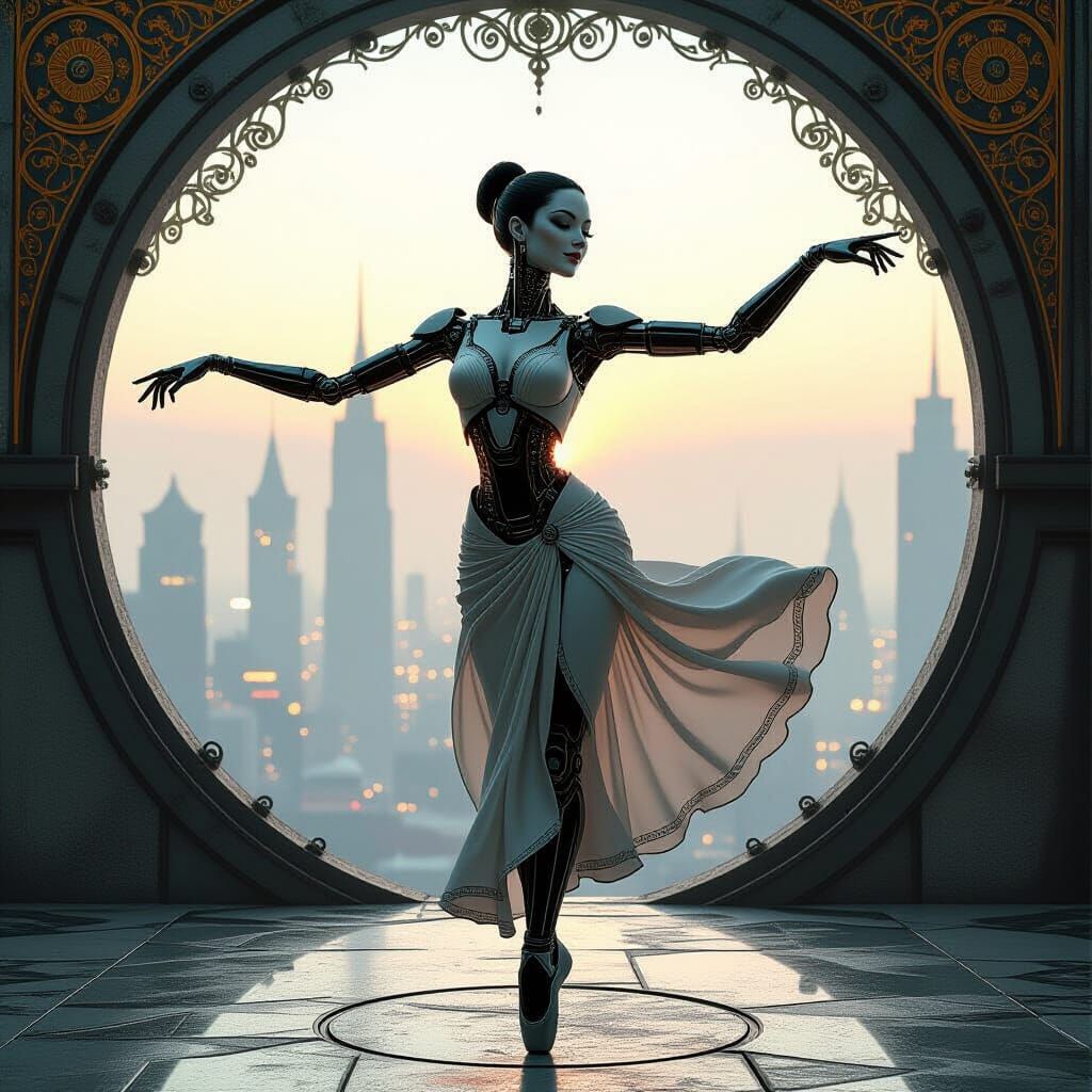 Android Ballet Dancer in Gritty Cyberpunk Metropolis