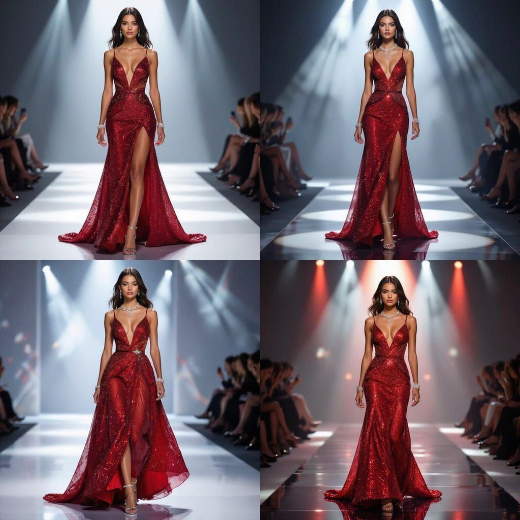 Glamorous Model Struts Runway in Sparkling Red Gown