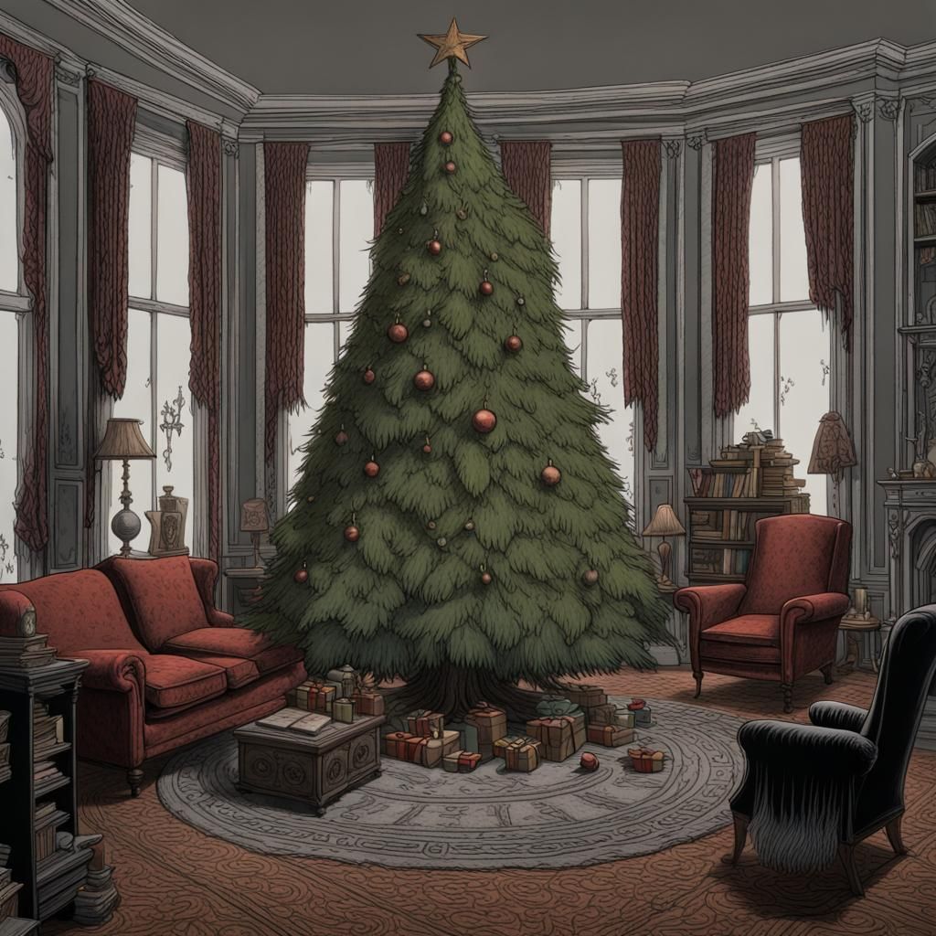 Addams Family Christmas Tree: Edward Gorey-Style Drawing