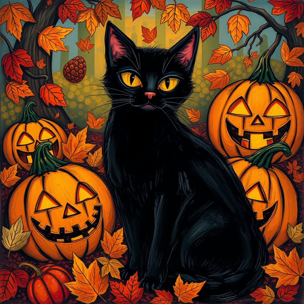Stylized Black Cat in Autumn Folk Art Scene