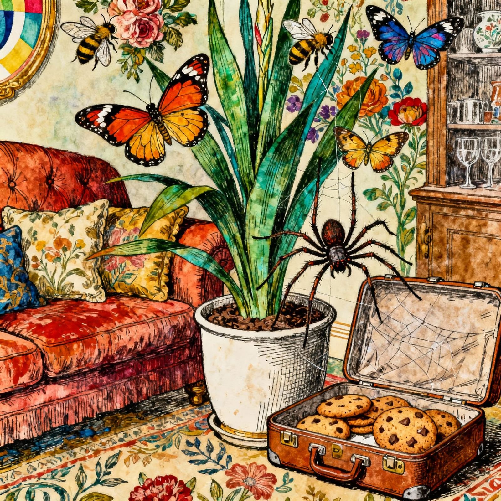 Wolfspider at Home with Butterflies and Bees in Vibrant Mixe...