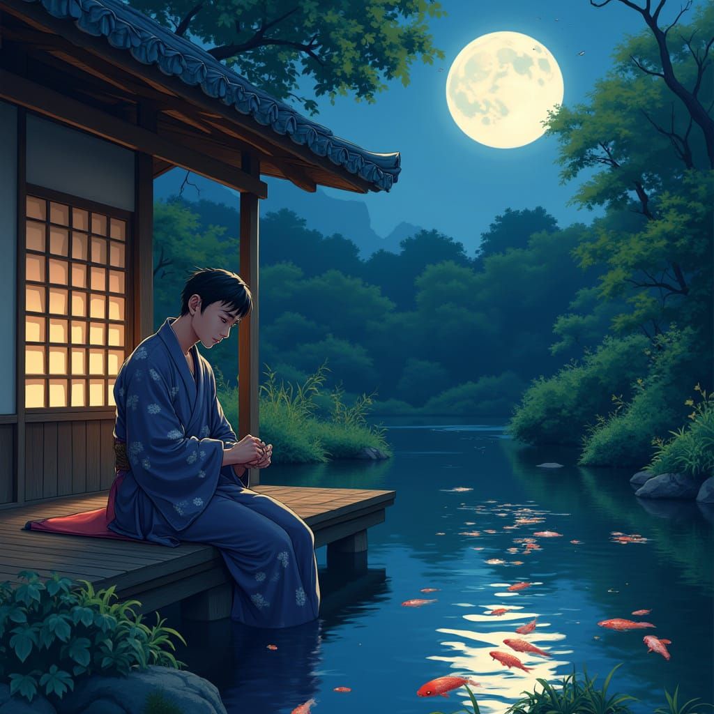 Serenely Adorned Ronin Finds Peace by Koi Pond at Full Moon