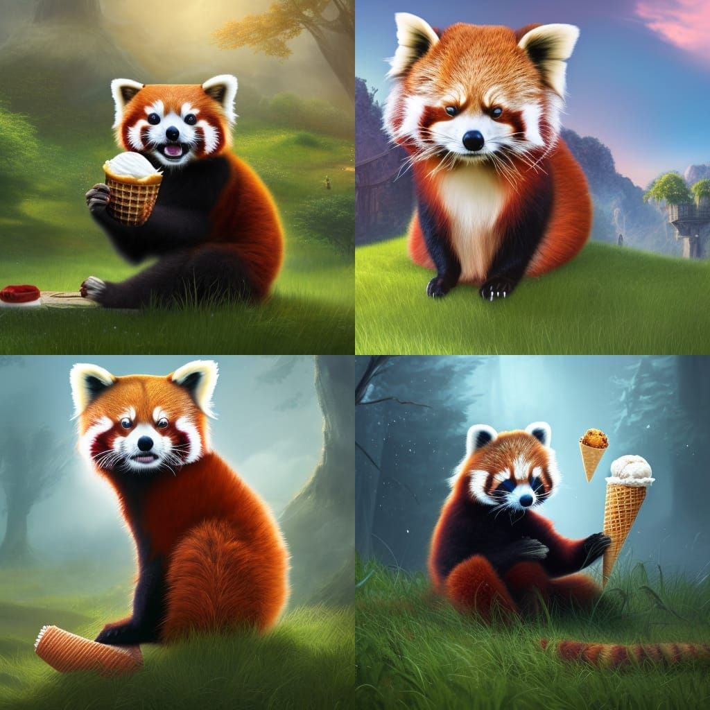 Red Panda Licking Ice Cream: Detailed Matte Painting