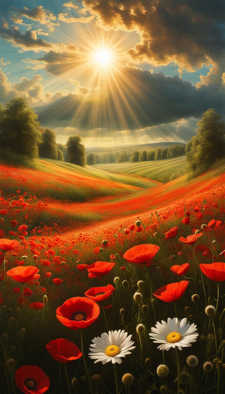 Sunlit Meadow with Daisies and Poppies