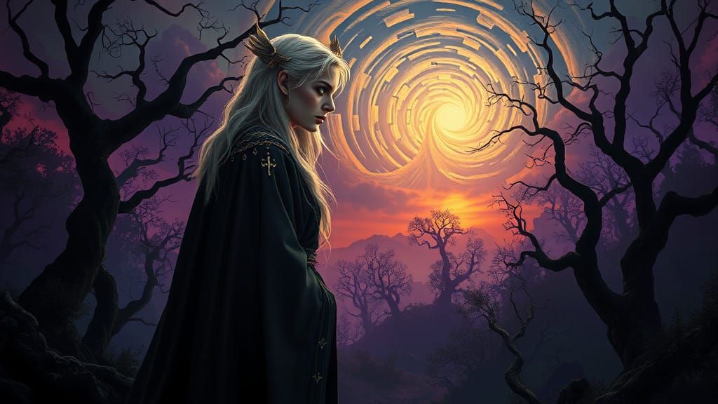 Ethereal Vampire Goddess at Sunset in Gothic Forest