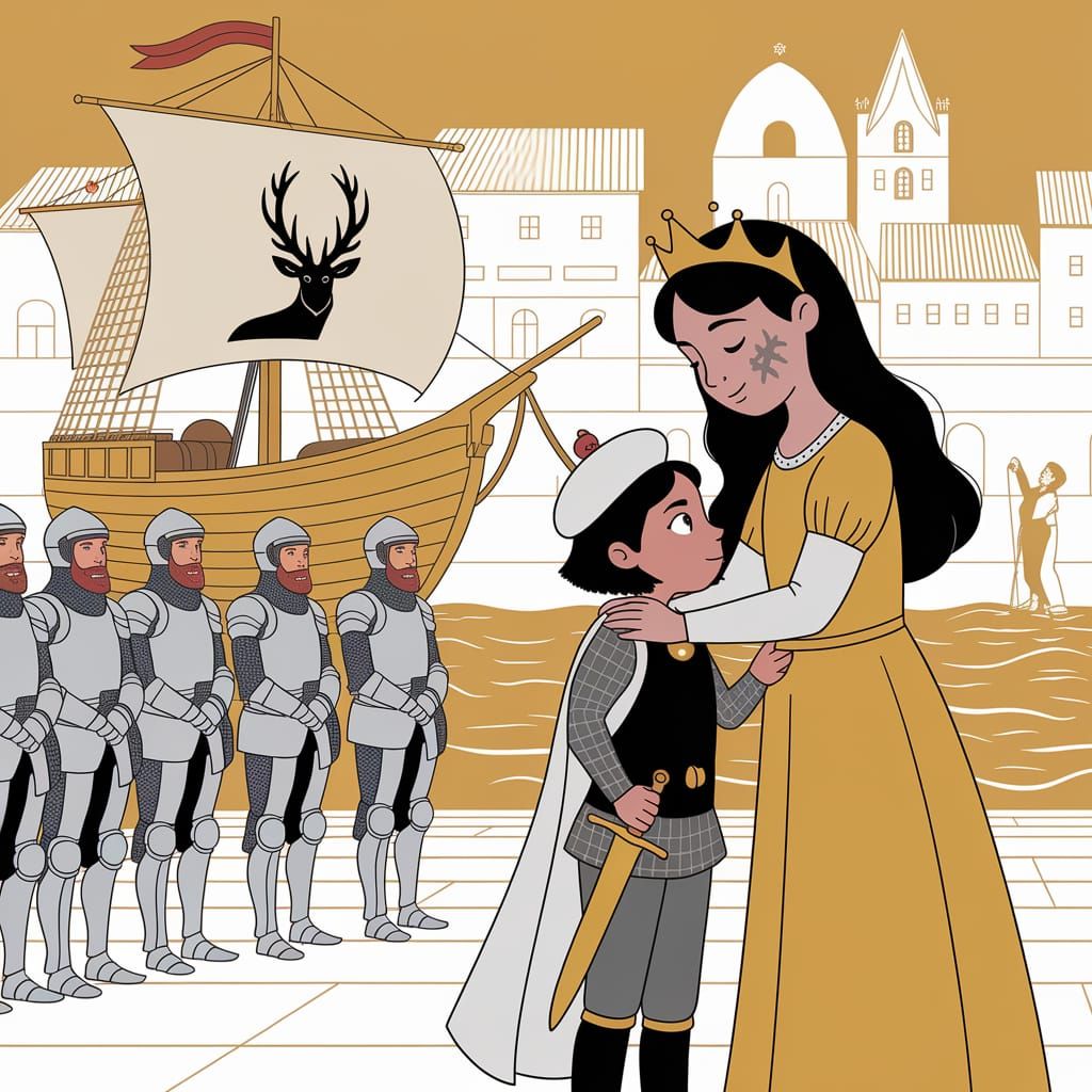 Farewell in Medieval Port with Golden Ship