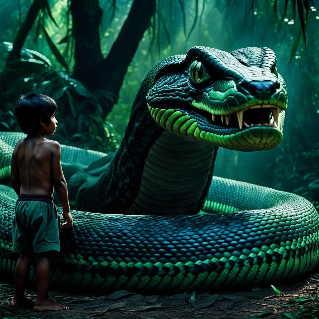 Kaa Hypnotizes Mowgli: A Cinematic Jungle Scene