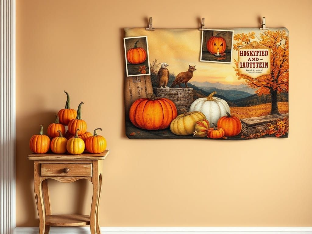 Autumn Folk Art Scene with Gourds and Jack-o-Lanterns