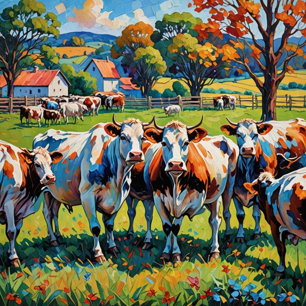 Cows on Farm in Expressionist Oil Painting