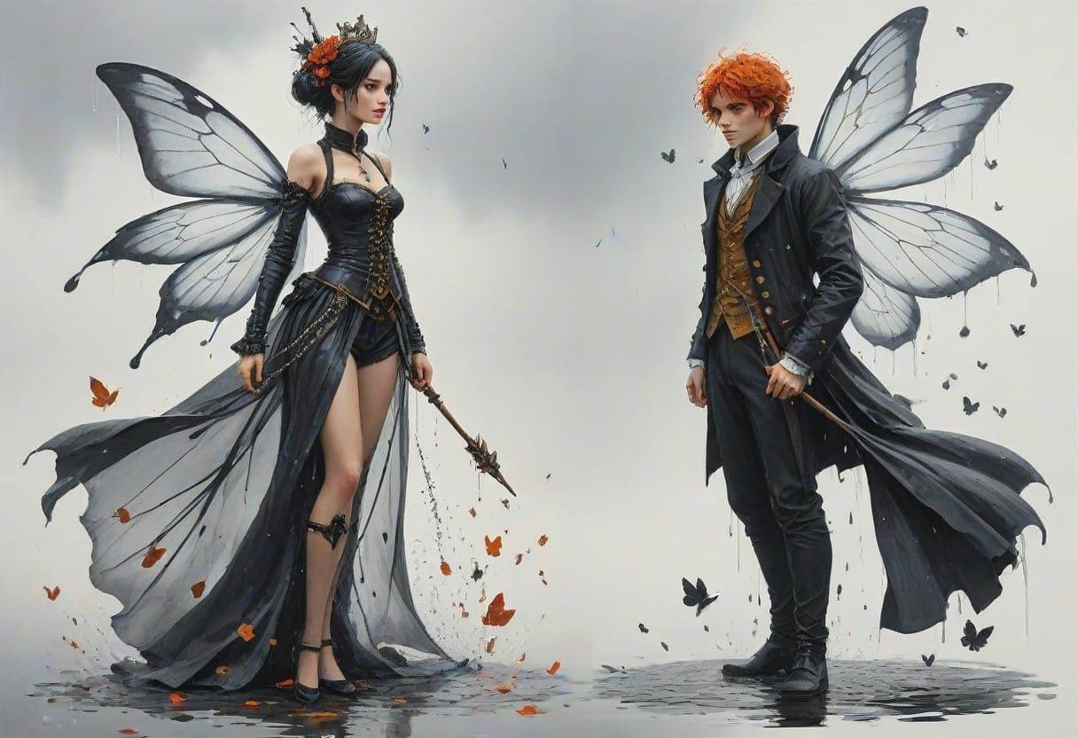Mysterious Dark Fairies with Black Wings in the Rain