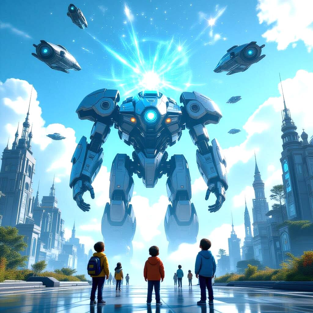 Futuristic High-Tech World with Flying Objects and Children