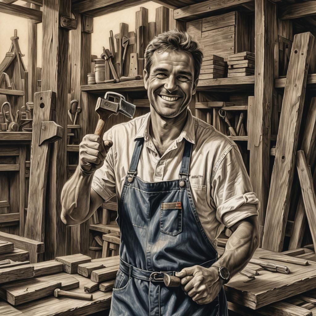 Detailed Charcoal Portrait of Smiling Construction Worker