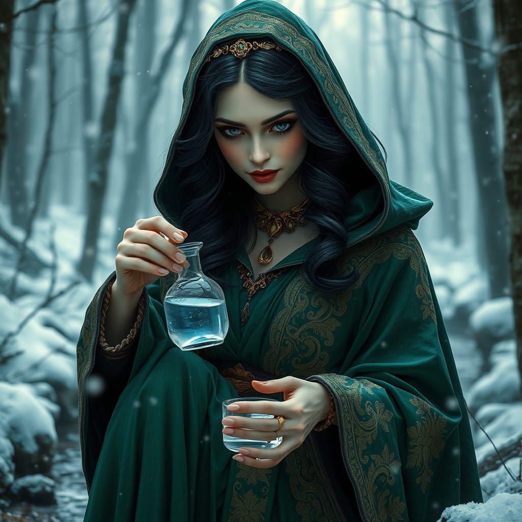 Mystical Sorceress Amasses Winter's Essence in Snowy Forest