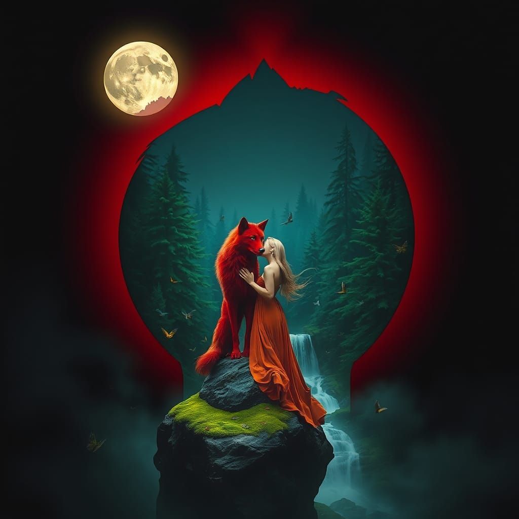 Mystical Wolf Silhouette with Woman in Dreamlike Forest
