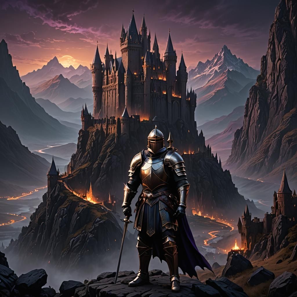 Knight in Dark Fantasy Landscape: Cinematic Illustration