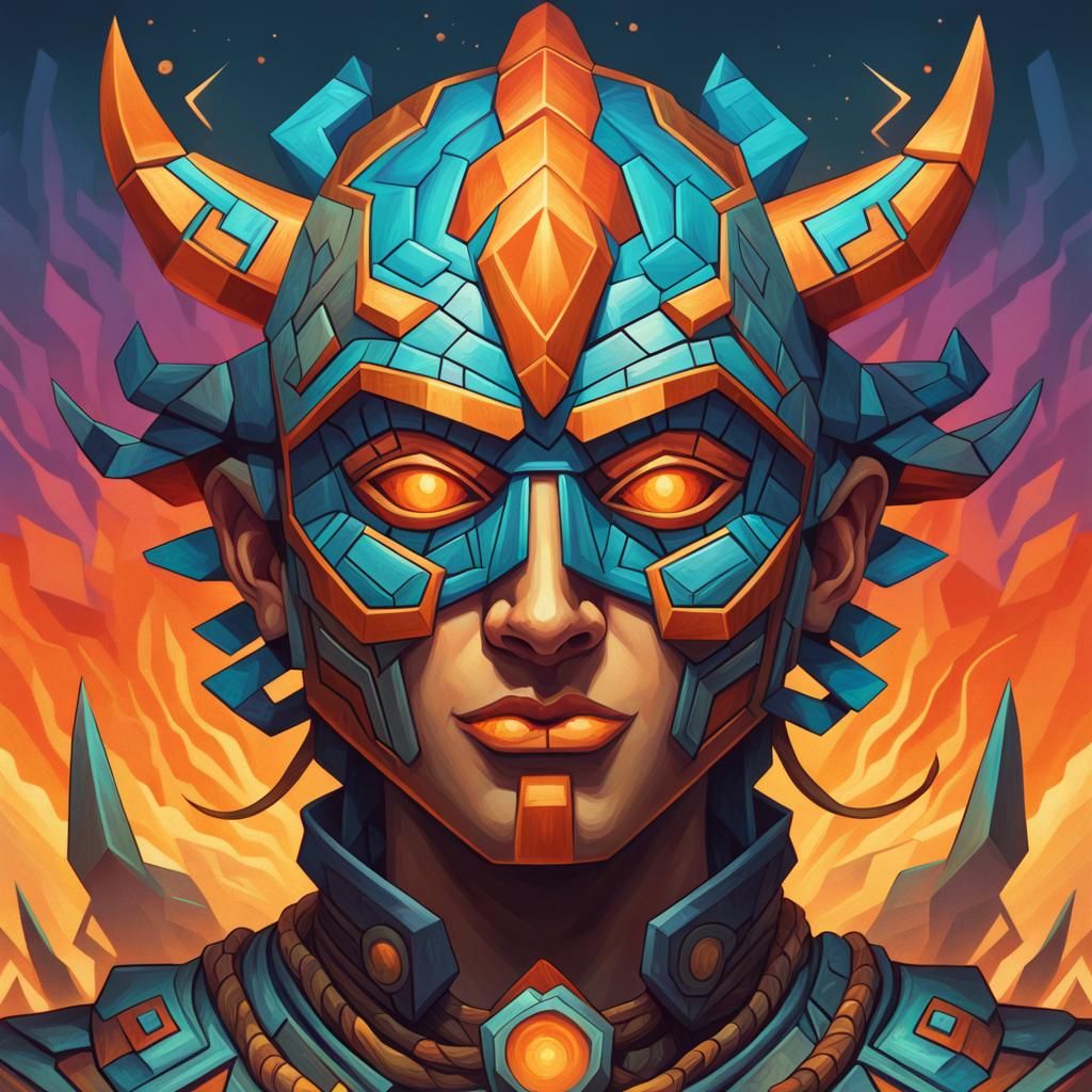 Psychedelic Cubist Mask Portrait in Digital Art Style