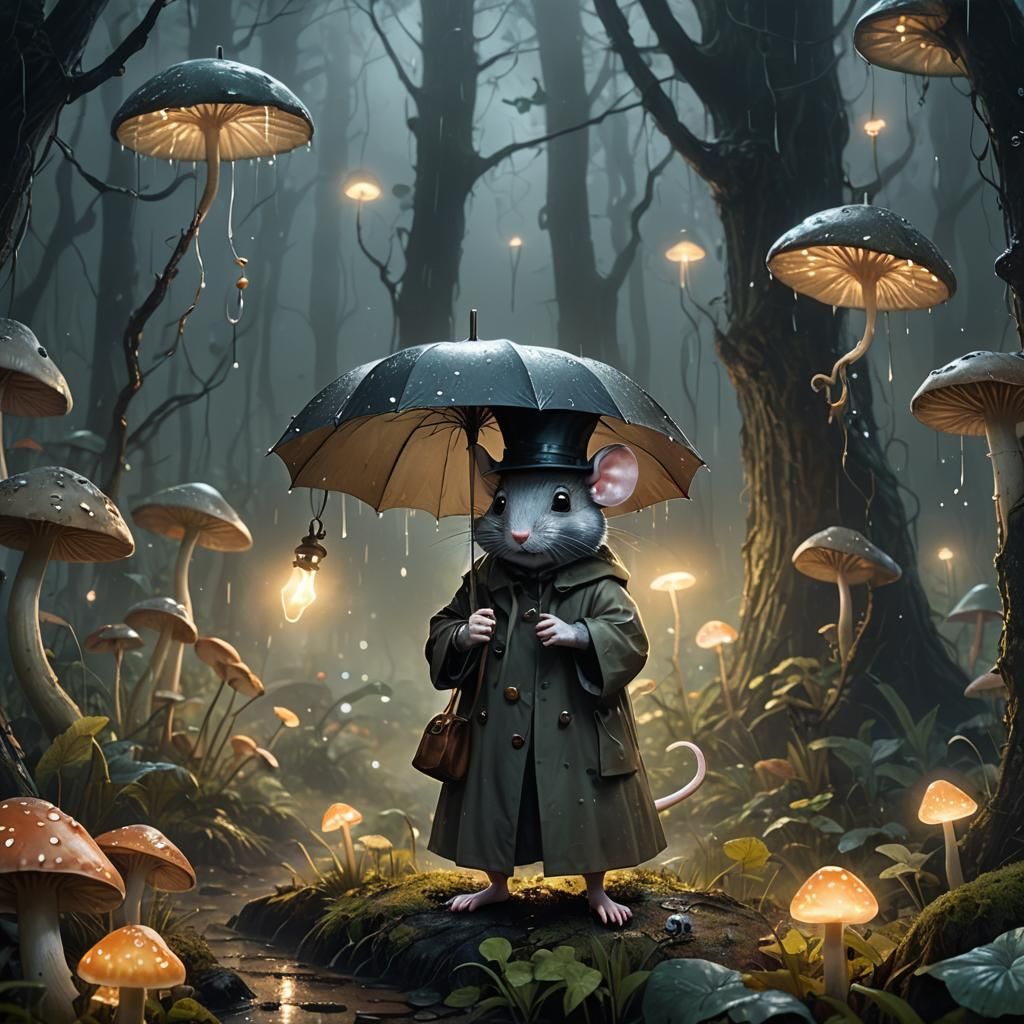 Mouse with Umbrella in Eerie Forest, Detailed Textures
