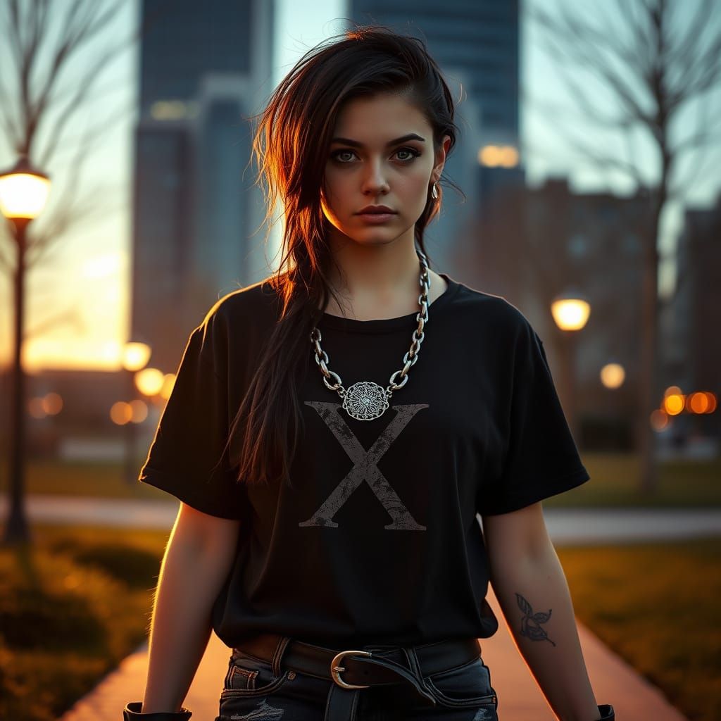 Androgynous Beauty Walks Through Urban Park at Dusk in Moody...