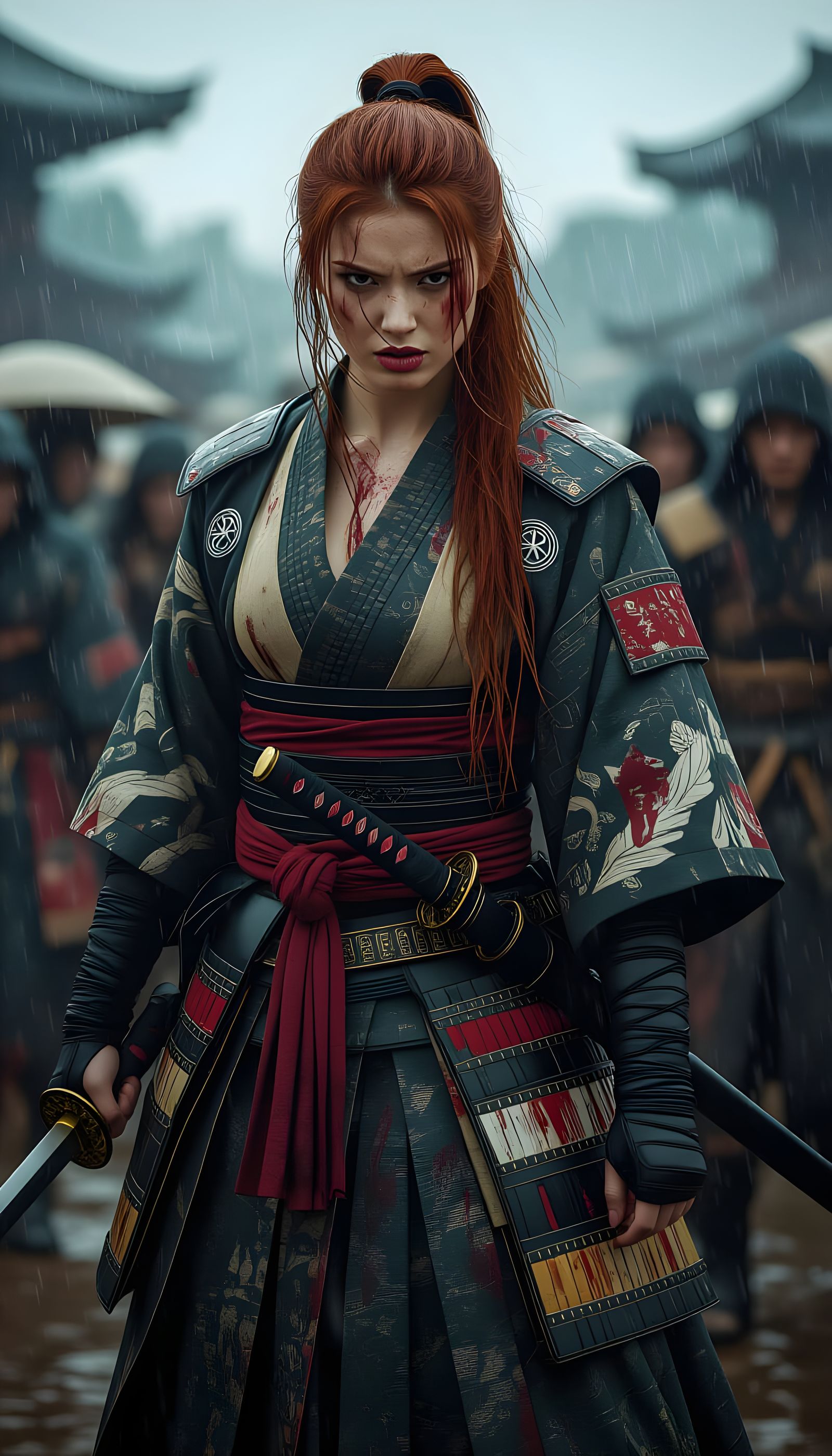 Furious Samurai Woman on Battlefield