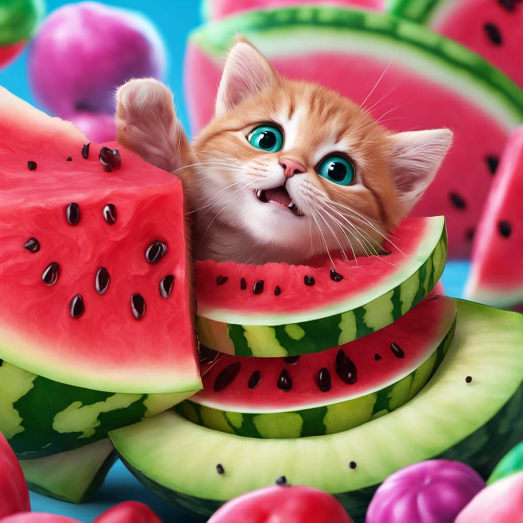 Kitten's Watermelon Feast: Candy Art Style