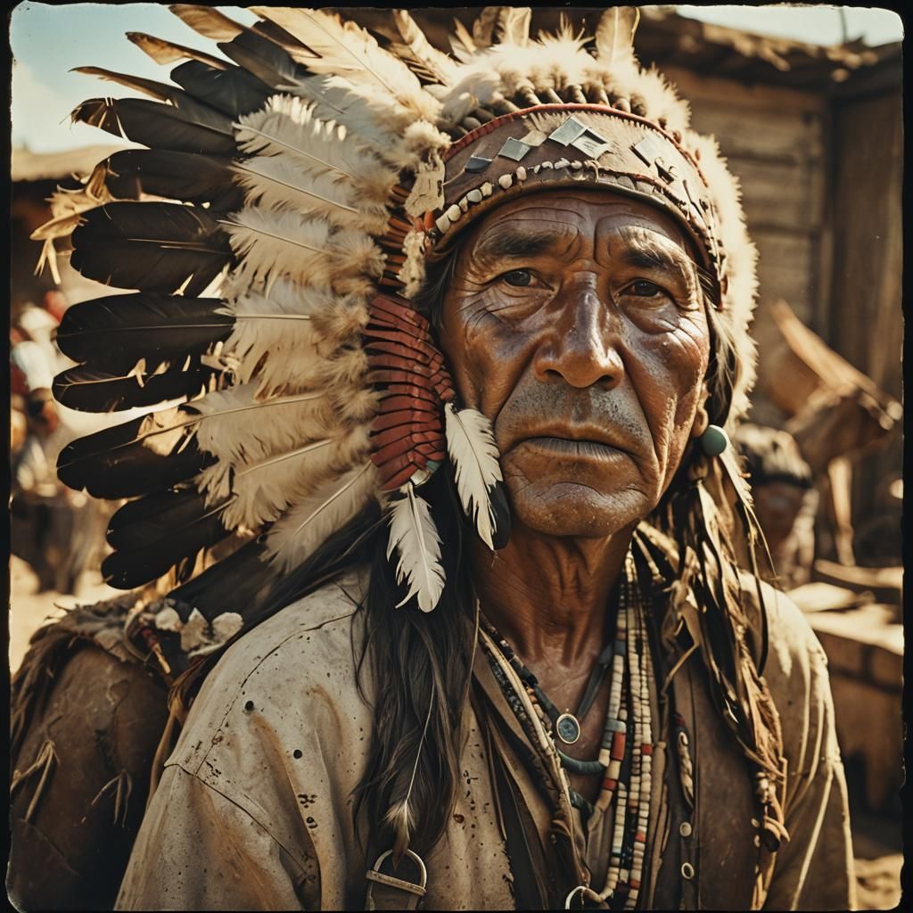 Native American Chief Portrait in Dusty Market