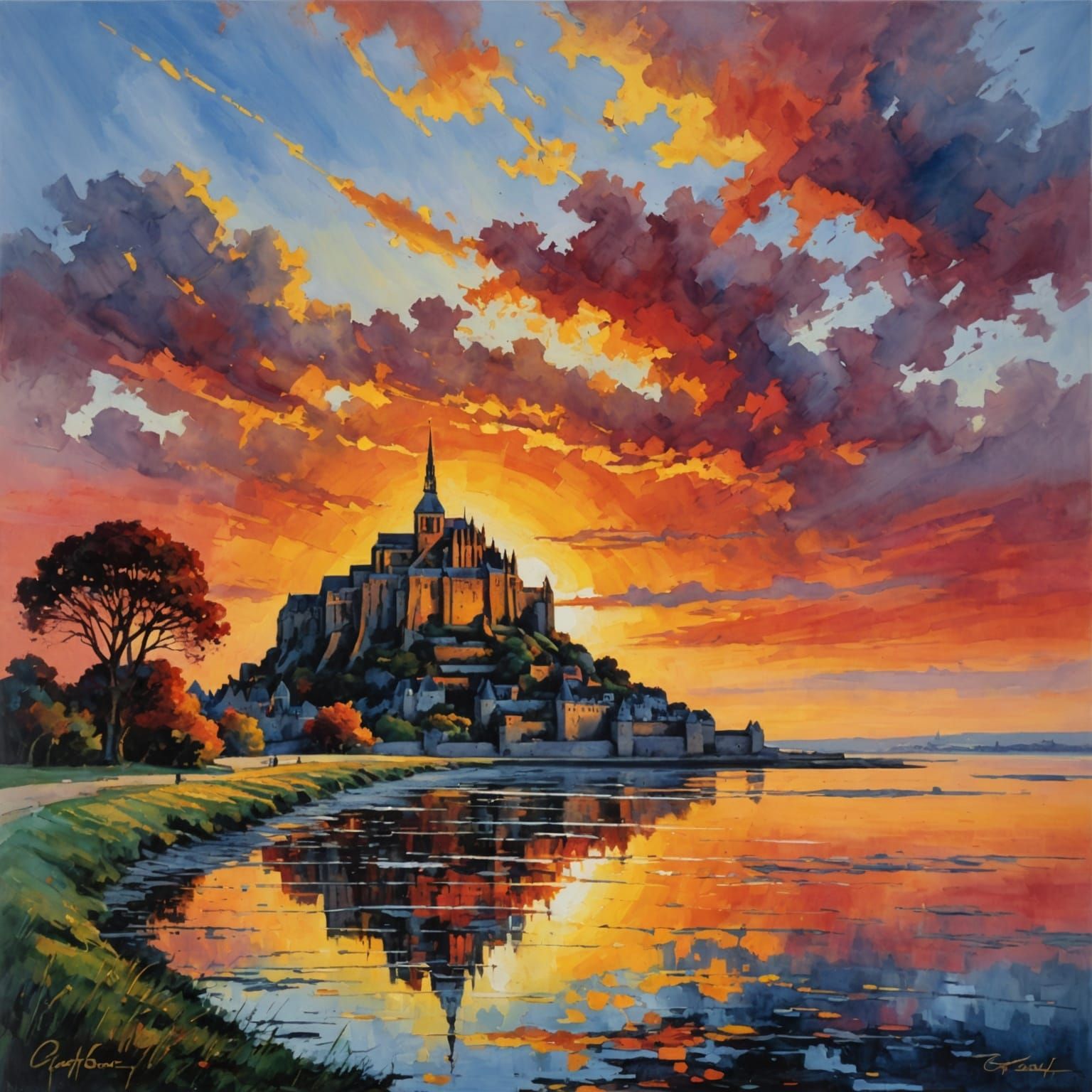 Mont St Michel Sunset in Neo-Impressionist Style