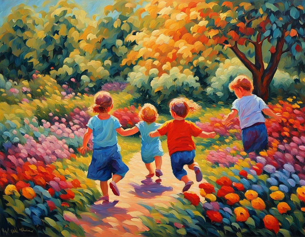 Children in Garden: Expressionist Oil Painting