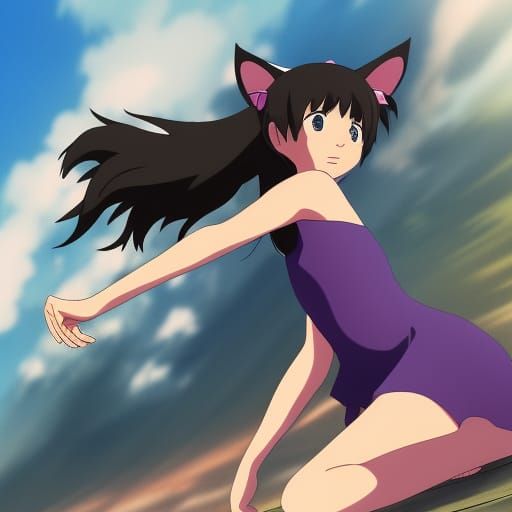 Anime Catgirl with Bare Feet in Ghibli Style