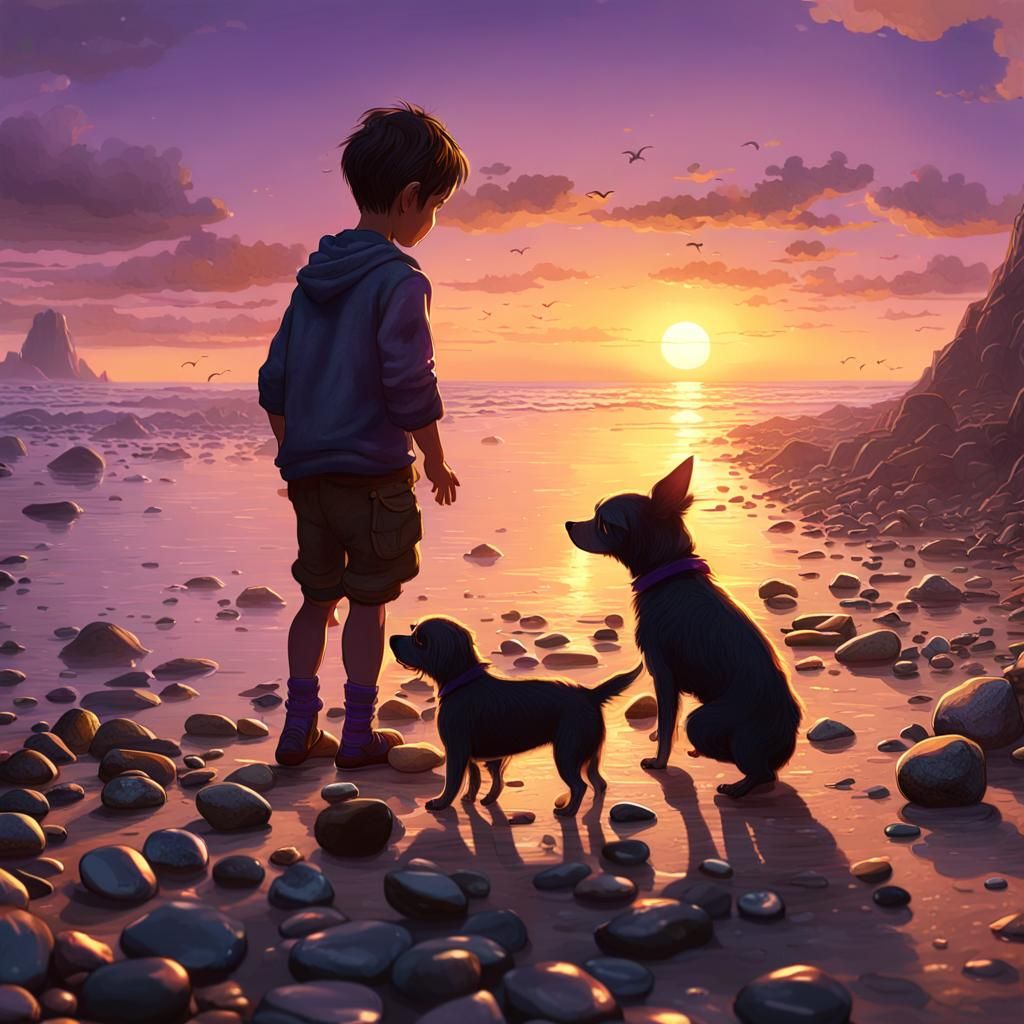 Children on Shore at Sunset: Dark Fantasy Art