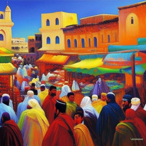 Arabian Marketplace: Neo-Impressionist Impasto Painting