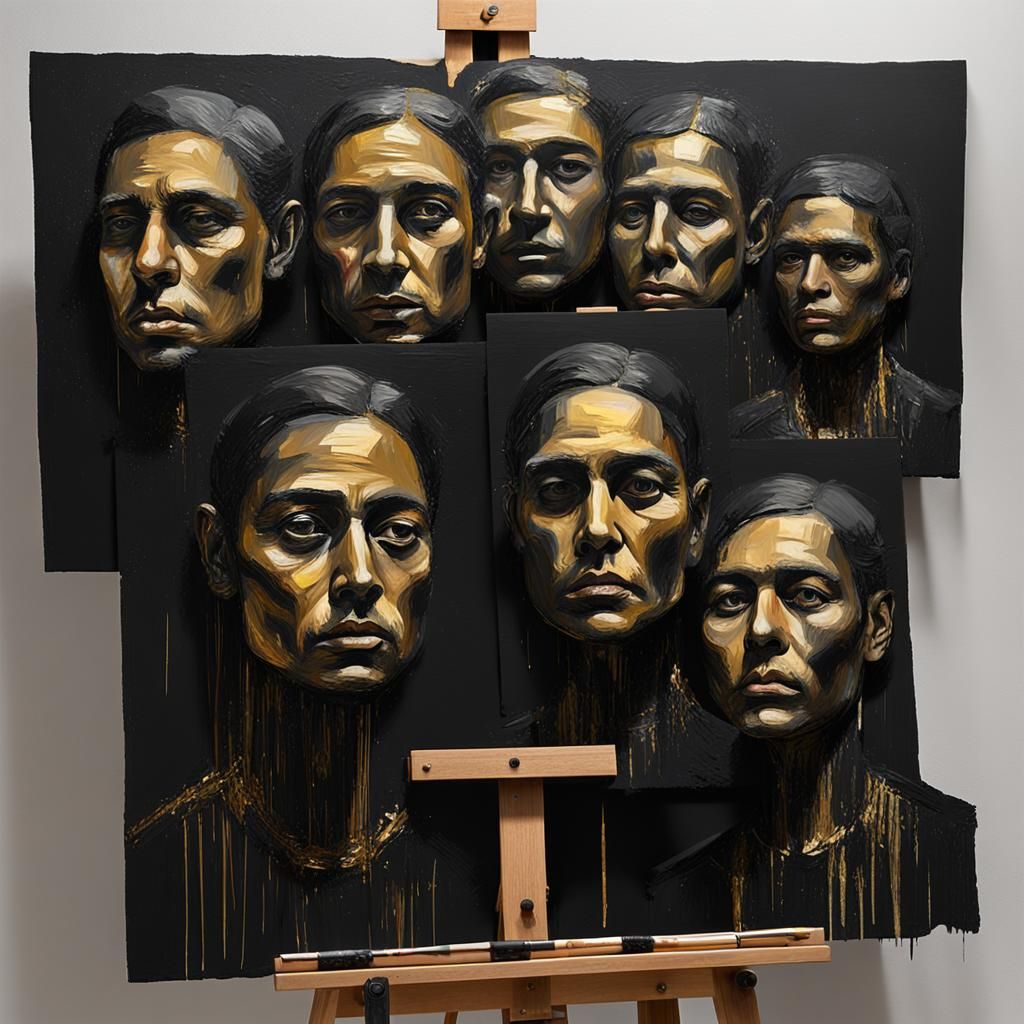 Recursive Black and Gold Faces in Grunge Style