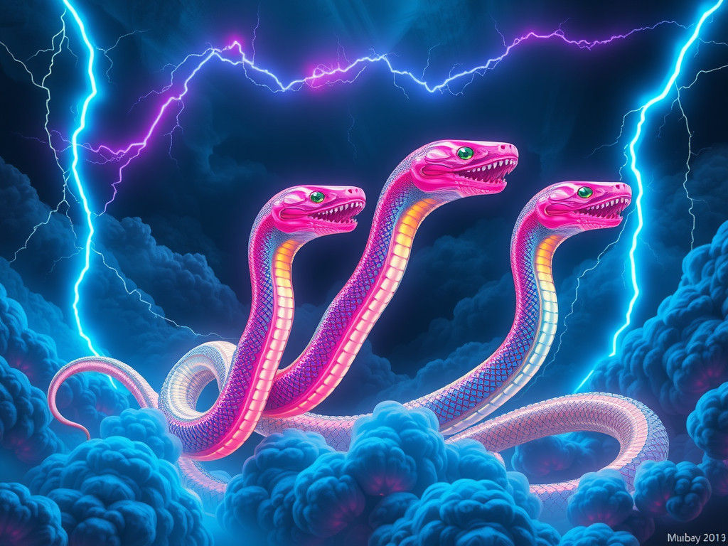 Iridescent Alien Serpents in Bioluminescent Fractal Storm