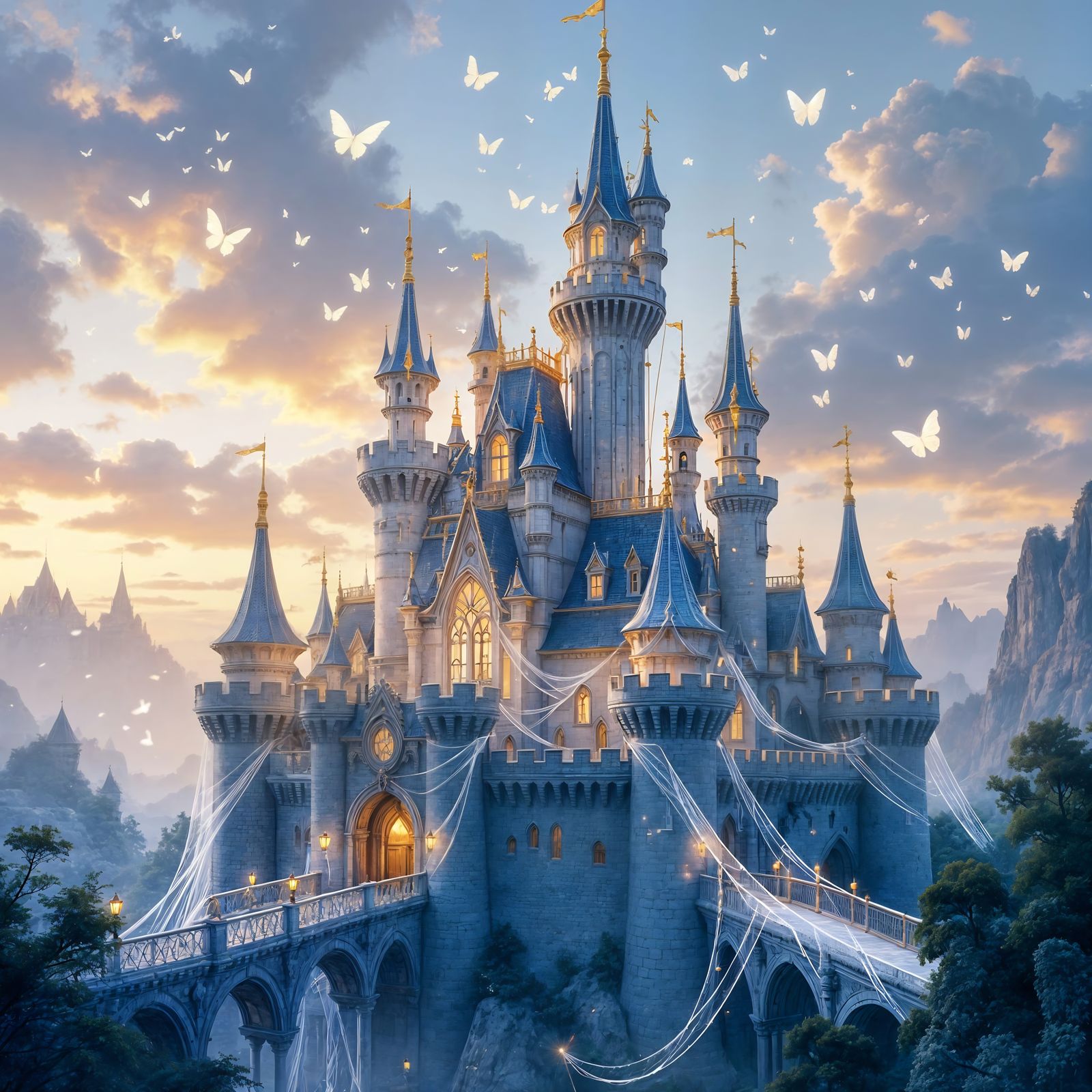 Spiderweb Castle with Diamond Dewdrops and Glowing Moths