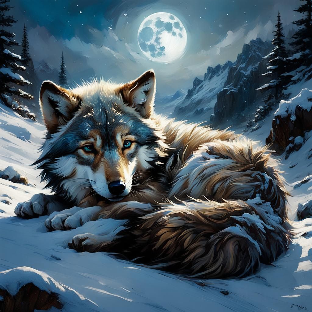 Sleeping Wolf Cub in Snowy Landscape